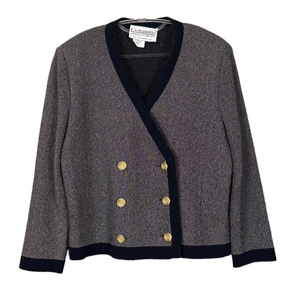 Vtg Castleberry Knit Buttoned Cardigan Sweater Jacket Gray Black Gold Size 16 - Picture 8 of 8